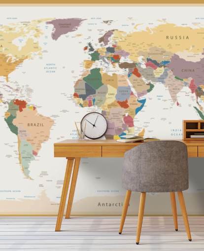 vintage op maat gemaakte wereldkaart behangmuurschildering genaamd Political World Map Vintage Colours voor kantoren 