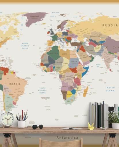 mural de papel pintado vintage personalizado de mapa mundial llamado Political World Map Vintage Colours para oficinas 