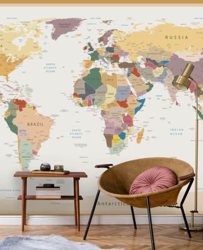 mural de papel de parede de mapa mundial personalizado vintage chamado Mapa Mundial Político Cores vintage para escritórios 