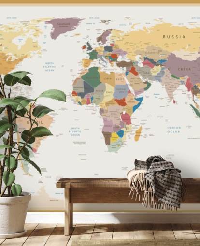 Wandbild „Politische Weltkarte“ im Vintage-Stil mit dem Titel „Politische Weltkarte“, Vintage-Farben für Büros 