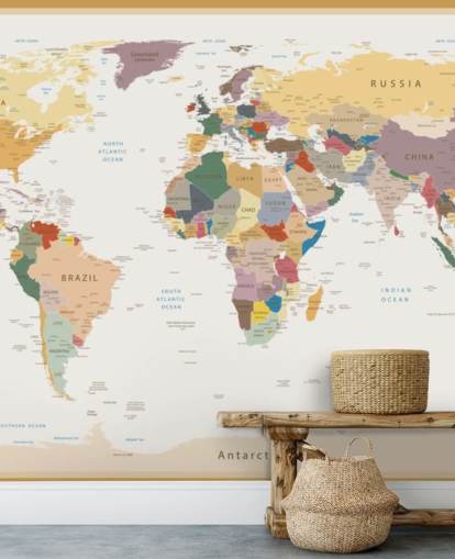 carta da parati murale vintage personalizzata con mappa del mondo chiamata Political World Map Vintage Colours per uffici 