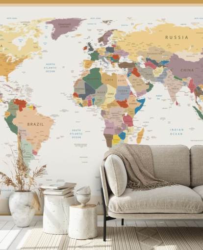 mural de papel pintado vintage personalizado de mapa mundial llamado Political World Map Vintage Colours para oficinas 