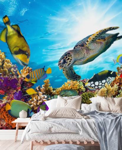 colorido mural de papel pintado personalizado sobre el océano y la vida marina llamado Coral Reef Diversity para dormitorio infantil