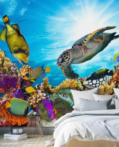 colorful custom ocean and sealife wallpaper mural called Coral Reef Diversity for child's bedroom