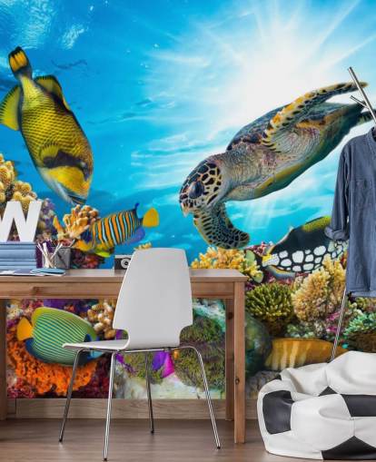 colourful custom ocean and sealife wallpaper mural called Coral Reef Diversity for child's bedroom