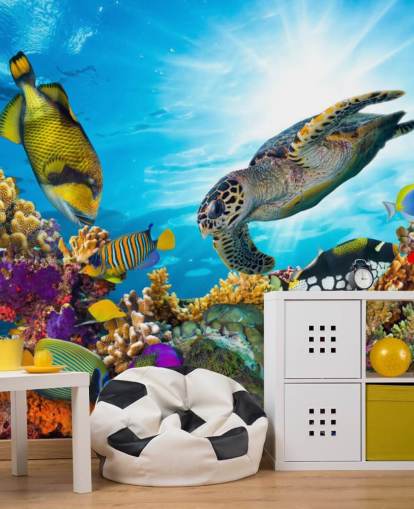 mural de papel de parede colorido personalizado do oceano e da vida marinha chamado Coral Reef Diversity para quarto de criança