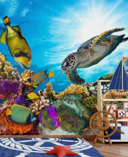 mural de papel de parede colorido personalizado do oceano e da vida marinha chamado Coral Reef Diversity para quarto de criança