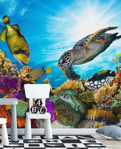colourful custom ocean and sealife wallpaper mural called Coral Reef Diversity for child's bedroom