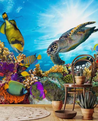 colourful custom ocean and sealife wallpaper mural called Coral Reef Diversity for child's bedroom