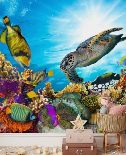 farverigt brugerdefineret hav- og sjøliv tapetmaleri kaldet Coral Reef Diversity til børns soveværelse