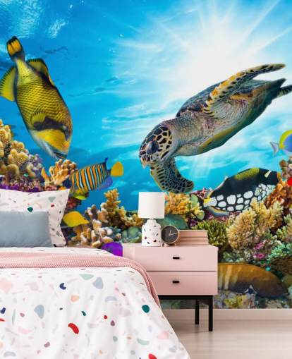 färgglada anpassade hav- och sjöliv tapetväggmålning som heter Coral Reef Diversity för barnets sovrum
