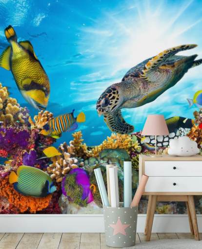 colorful custom ocean and sealife wallpaper mural called Coral Reef Diversity for child's bedroom