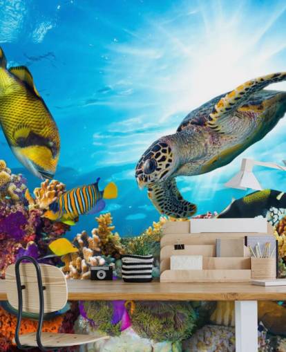 colorful custom ocean and sealife wallpaper mural called Coral Reef Diversity for child's bedroom
