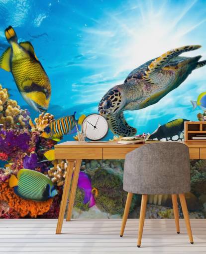 colourful custom ocean and sealife wallpaper mural called Coral Reef Diversity for child's bedroom