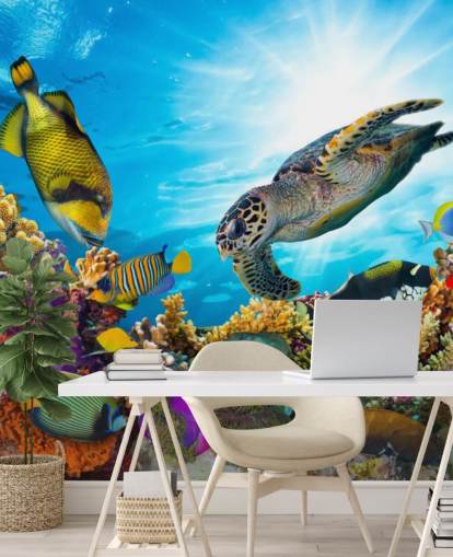 colorido mural de papel pintado personalizado sobre el océano y la vida marina llamado Coral Reef Diversity para dormitorio infantil