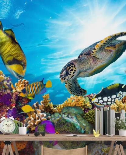 colorful custom ocean and sealife wallpaper mural called Coral Reef Diversity for child's bedroom