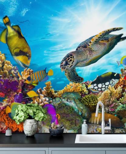 colorido mural de papel pintado personalizado sobre el océano y la vida marina llamado Coral Reef Diversity para dormitorio infantil