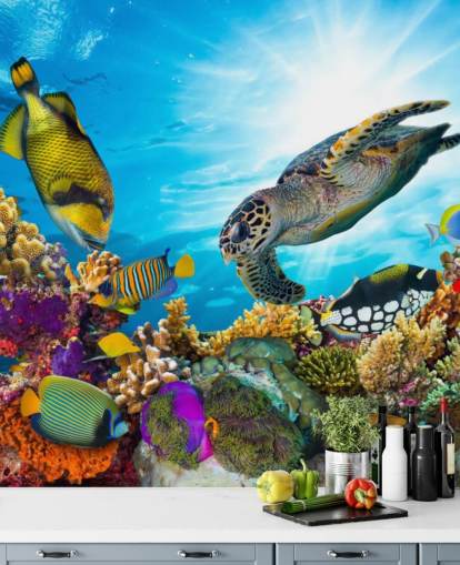 värikäs mukautettu valtameri- ja merieläintaustakuvamaalaus nimeltä Coral Reef Diversity lapsen makuuhuoneeseen