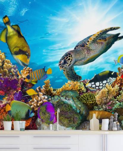 colorful custom ocean and sealife wallpaper mural called Coral Reef Diversity for child's bedroom colorful custom ocean and sealife wallpaper mural called Coral Reef Diversity for child's bedroom