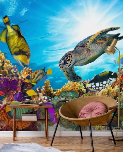 colourful custom ocean and sealife wallpaper mural called Coral Reef Diversity for child's bedroom colourful custom ocean and sealife wallpaper mural called Coral Reef Diversity for child's bedroom