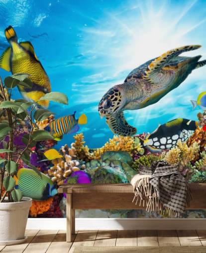 colorido mural de papel pintado personalizado sobre el océano y la vida marina llamado Coral Reef Diversity para dormitorio infantil