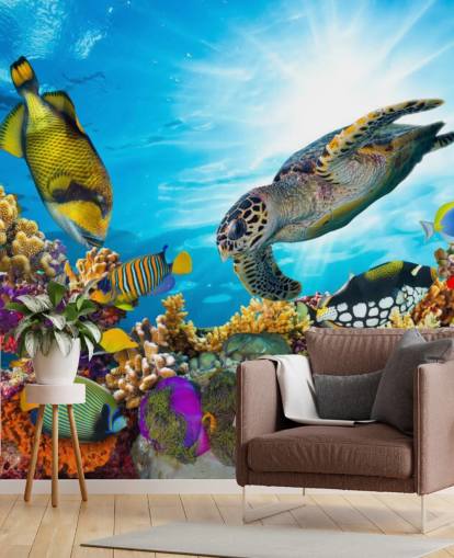 farverigt brugerdefineret hav- og sjøliv tapetmaleri kaldet Coral Reef Diversity til børns soveværelse