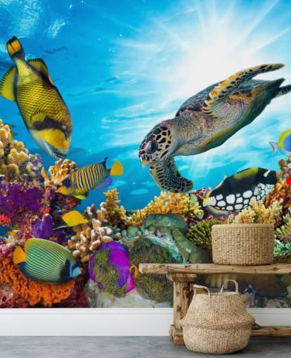 colorful custom ocean and sealife wallpaper mural called Coral Reef Diversity for child's bedroom