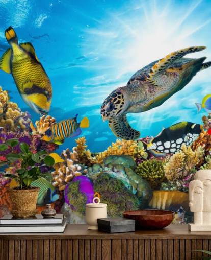 colorido mural de papel pintado personalizado sobre el océano y la vida marina llamado Coral Reef Diversity para dormitorio infantil