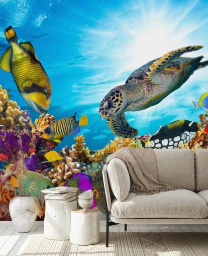 colourful custom ocean and sealife wallpaper mural called Coral Reef Diversity for child's bedroom