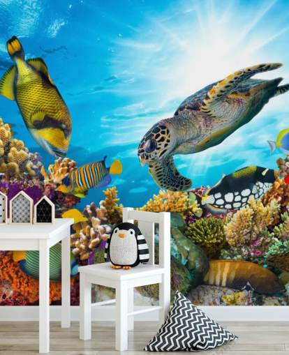 colourful custom ocean and sealife wallpaper mural called Coral Reef Diversity for child's bedroom