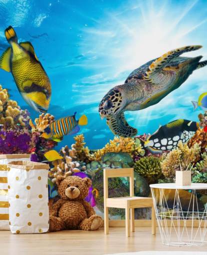 mural de papel de parede colorido personalizado do oceano e da vida marinha chamado Coral Reef Diversity para quarto de criança