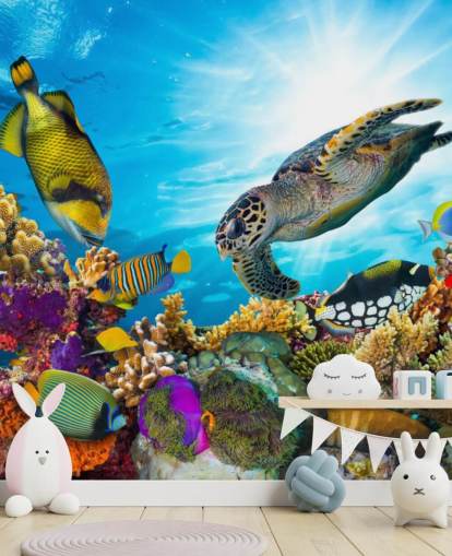 colourful custom ocean and sealife wallpaper mural called Coral Reef Diversity for child's bedroom