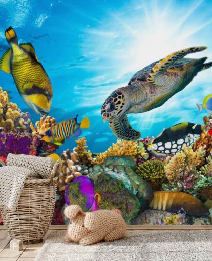 farverigt brugerdefineret hav- og sjøliv tapetmaleri kaldet Coral Reef Diversity til børns soveværelse