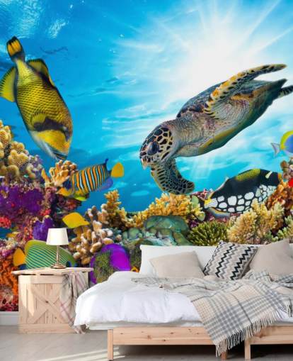 colorful custom ocean and sealife wallpaper mural called Coral Reef Diversity for child's bedroom