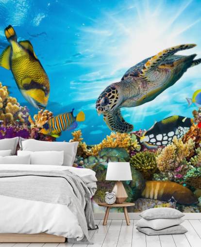 farverigt brugerdefineret hav- og sjøliv tapetmaleri kaldet Coral Reef Diversity til børns soveværelse