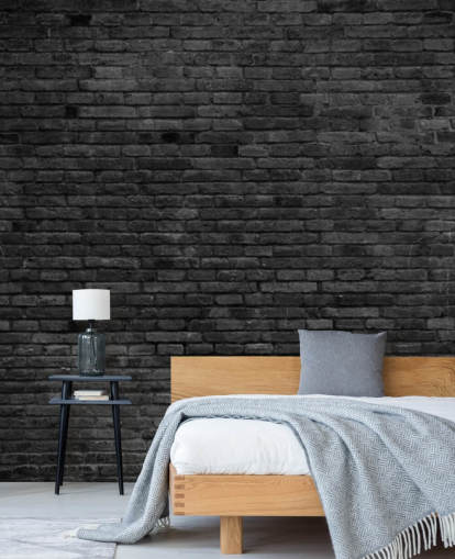 mural de papel pintado de ladrillo negro y gris llamado Black Painted Brick Wall para cocinas, salas de estar y dormitorios