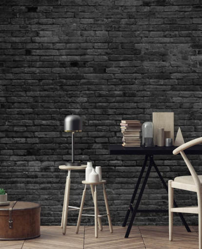 mural de papel de parede de tijolo preto e cinza chamado Black Painted Brick Wall para cozinhas, salas de estar e quartos