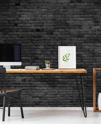 mural de papel pintado de ladrillo negro y gris llamado Black Painted Brick Wall para cocinas, salas de estar y dormitorios