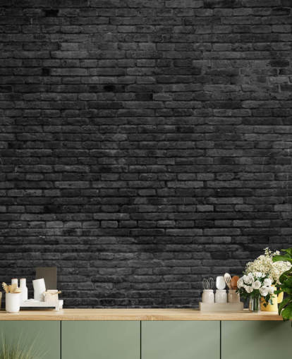 black and gray brick wallpaper mural called Black Painted Brick Wall for kitchens, living rooms and bedrooms