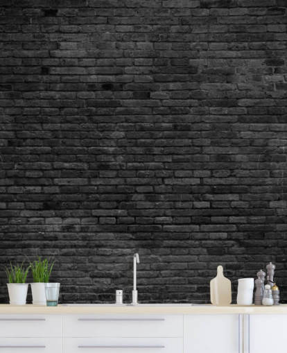 black and grey brick wallpaper mural called Black Painted Brick Wall for kitchens, living rooms and bedrooms