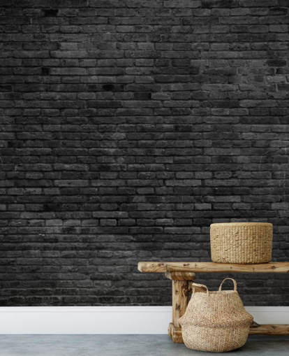 mural de papel de parede de tijolo preto e cinza chamado Black Painted Brick Wall para cozinhas, salas de estar e quartos