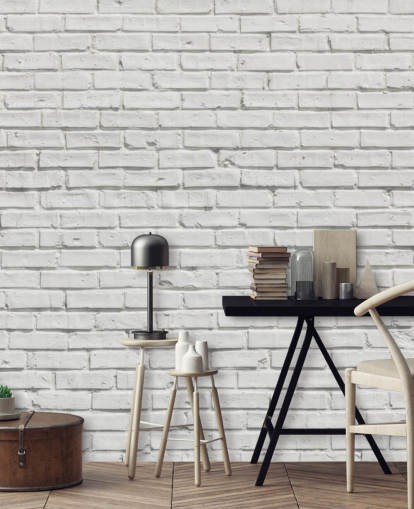 white customisable brick wallpaper mural called White Brick Effect Wall for bedrooms or kitchens