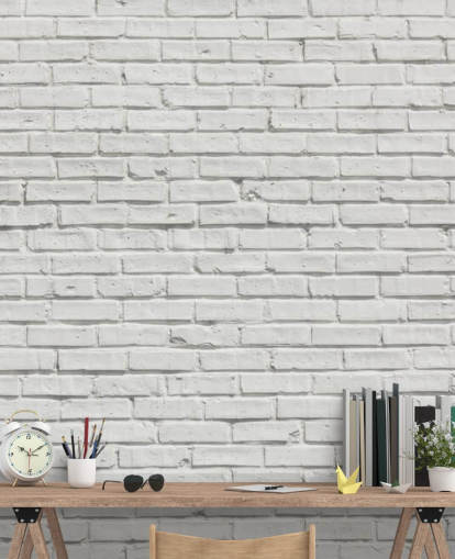 white customisable brick wallpaper mural called White Brick Effect Wall for bedrooms or kitchens