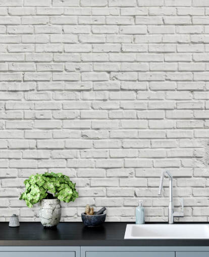 weiße, individuell gestaltbare Ziegeltapete mit dem Namen White Brick Effect Wall für Schlafzimmer oder Küchen