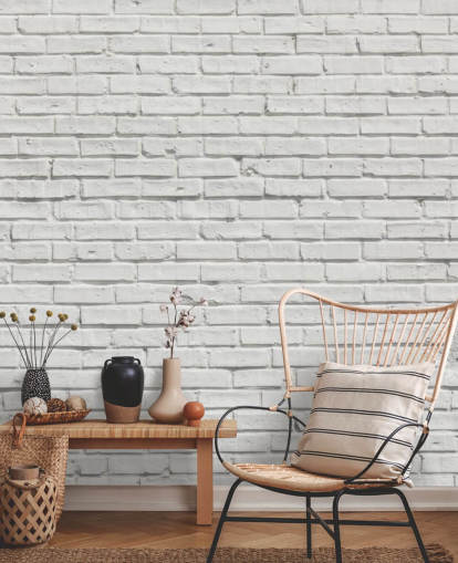 mural de papel pintado de ladrillo blanco personalizable llamado White Brick Effect Wall para dormitorios o cocinas