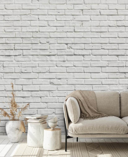 mural de papel pintado de ladrillo blanco personalizable llamado White Brick Effect Wall para dormitorios o cocinas