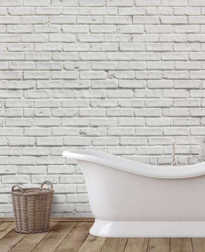 mural de papel de parede de tijolo branco personalizável chamado White Brick Effect Wall para quartos ou cozinhas