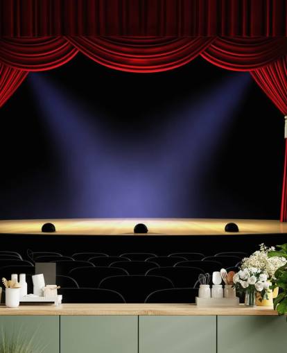 red curtains on a stage wall mural