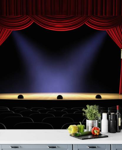 red curtains on a stage wall mural