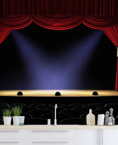 red curtains on a stage wall mural